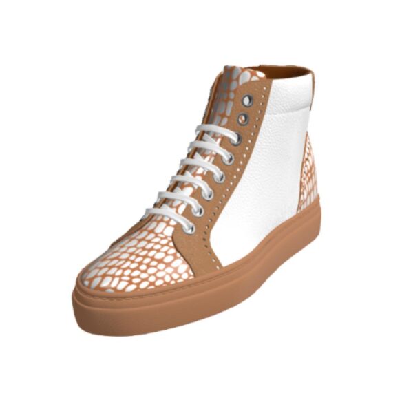 white and tan snake high top